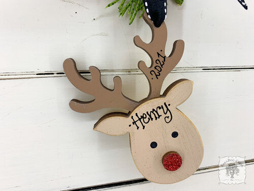 Reindeer Ornament - Cute Personalized Deer hung by Ribbon