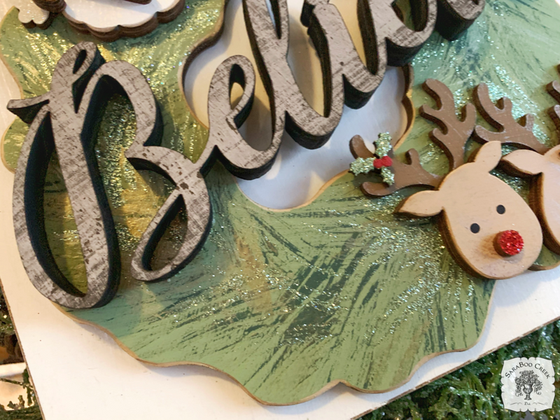 8.5" Christmas Plaque with "Believe," Santa & up to 6 Personalized Reindeer