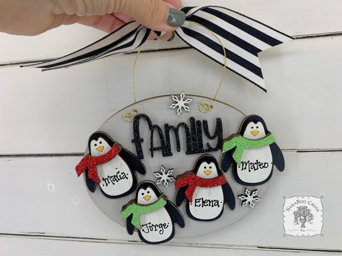 Penguin Family Ornament with 4 Penguins - Personalized Handmade Wood Christmas Gift for Family of Four, 4 Children or Grandkids