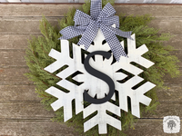 20" Snowflake Door Hanger Stained or Rustic White - Customize with Wood Word or Initial