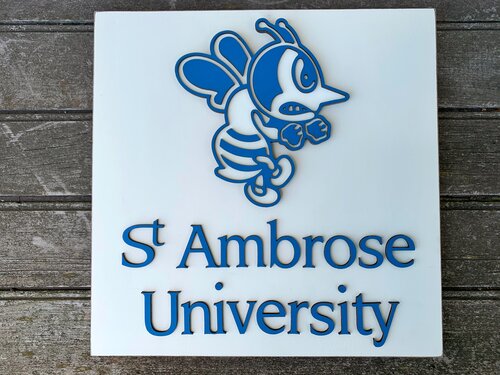 College / University School Sign - St. Ambrose Logo on 12 x 12 Plaque; Handmade Wood