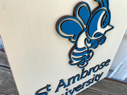 College / University School Sign - St. Ambrose Logo on 12 x 12 Plaque; Handmade Wood