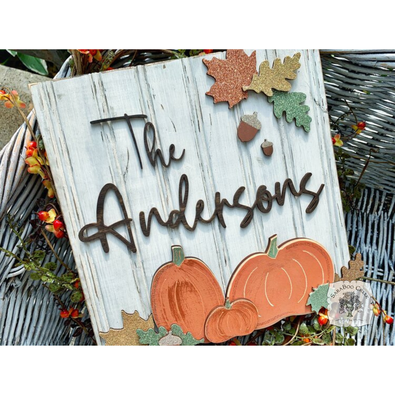 Fall Square Beadboard Plaque with Pumpkins & Custom Name or Autumn Greeting