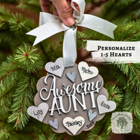 "Awesome Aunt" Ornament w/ 1-5 Personalized Hearts - Great Aunt Gift from Nieces and Nephews