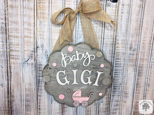 Polka Dot Baby Girl Room Plaque with Baby Buggy and Personalized Name