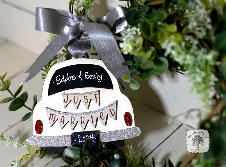 Just Married Car Wedding Ornament - Personalized First Christmas Married Gift