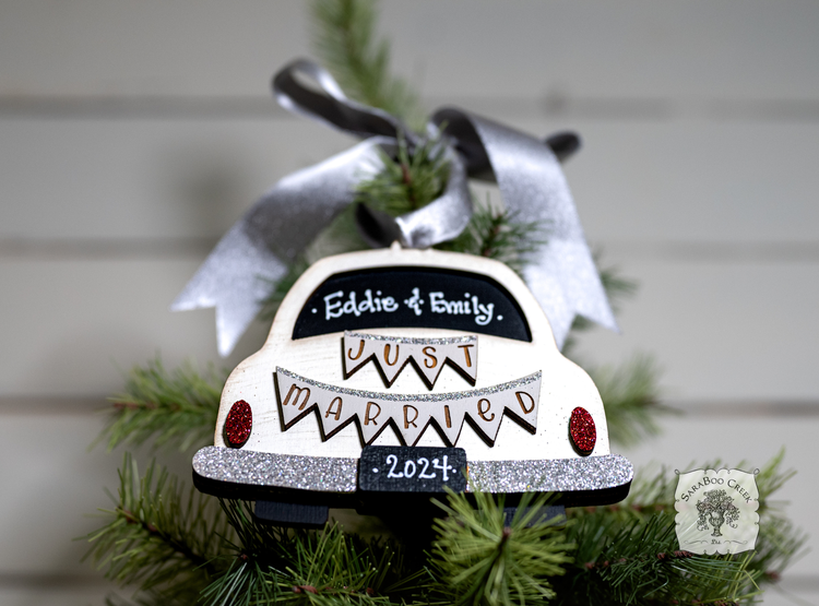 Just Married Car Wedding Ornament - Personalized First Christmas Married Gift