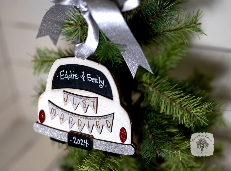 Just Married Car Wedding Ornament - Personalized First Christmas Married Gift