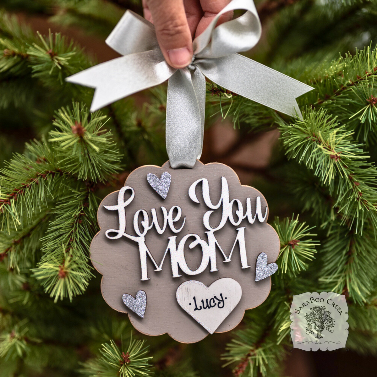 "Love You Mom" Ornament w/ 1-5 Personalized Hearts - Great Mom Gift from the Kids