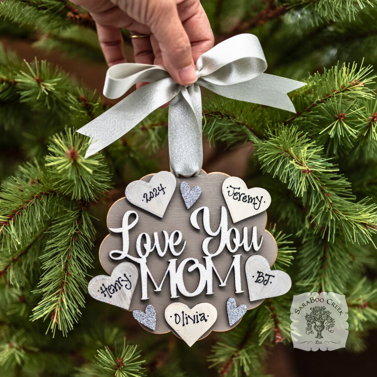 "Love You Mom" Ornament w/ 1-5 Personalized Hearts - Great Mom Gift from the Kids