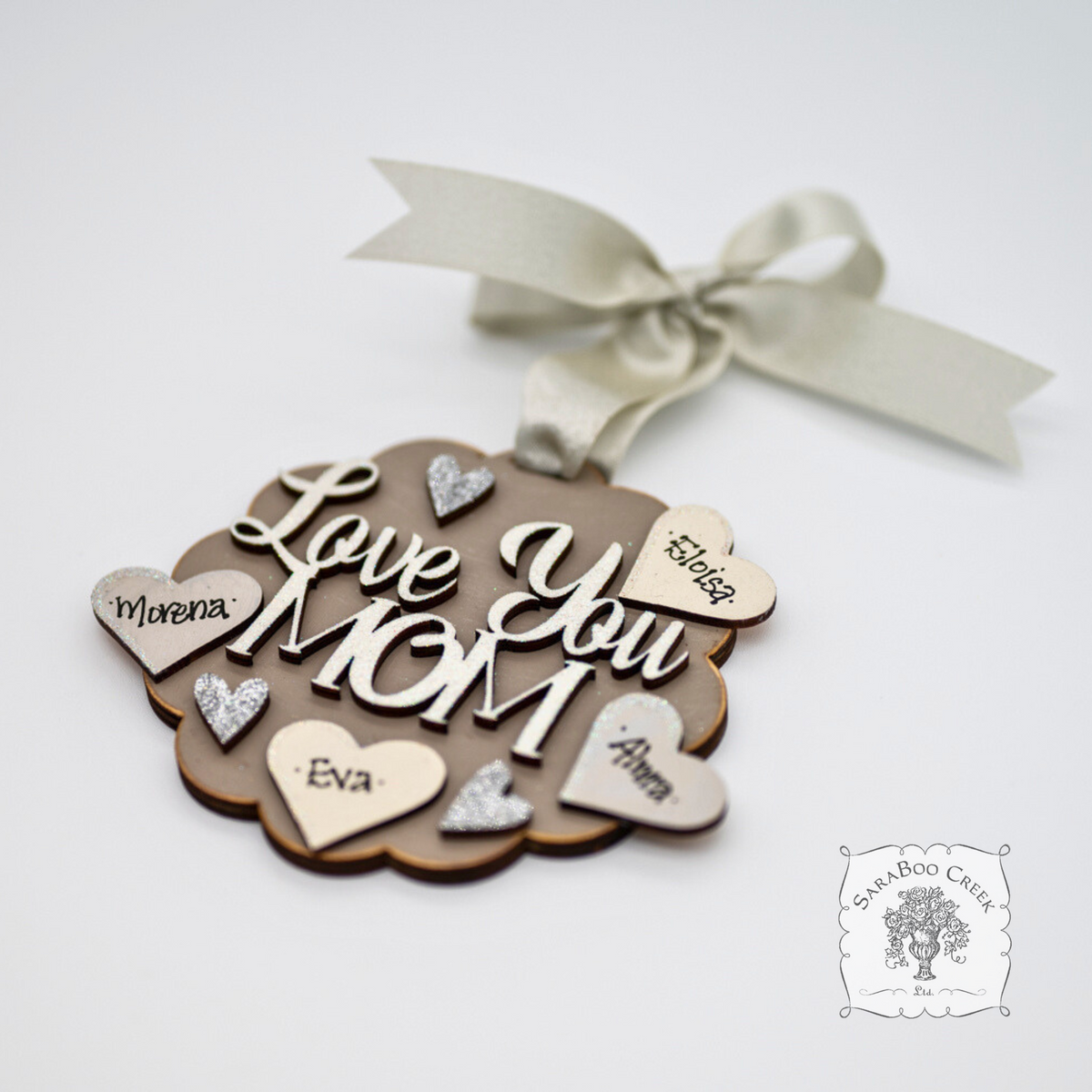 "Love You Mom" Ornament w/ 1-5 Personalized Hearts - Great Mom Gift from the Kids