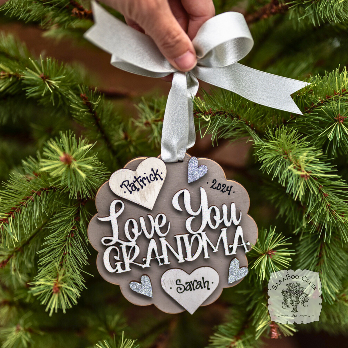 "Love You Grandma" Ornament w/ 1-6 Personalized Hearts-Great Grandma Gift from the Grandkids