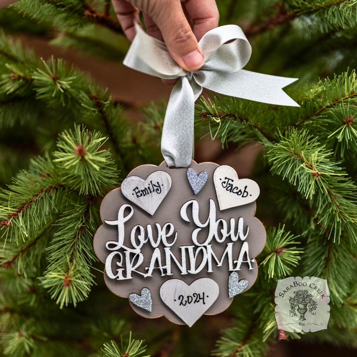 "Love You Grandma" Ornament w/ 1-6 Personalized Hearts-Great Grandma Gift from the Grandkids