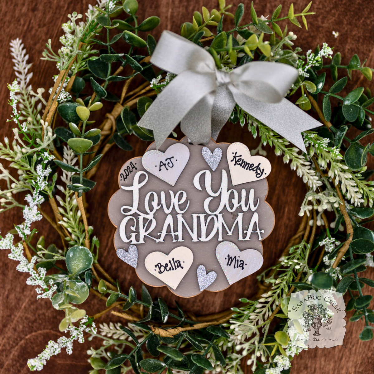 "Love You Grandma" Ornament w/ 1-6 Personalized Hearts-Great Grandma Gift from the Grandkids