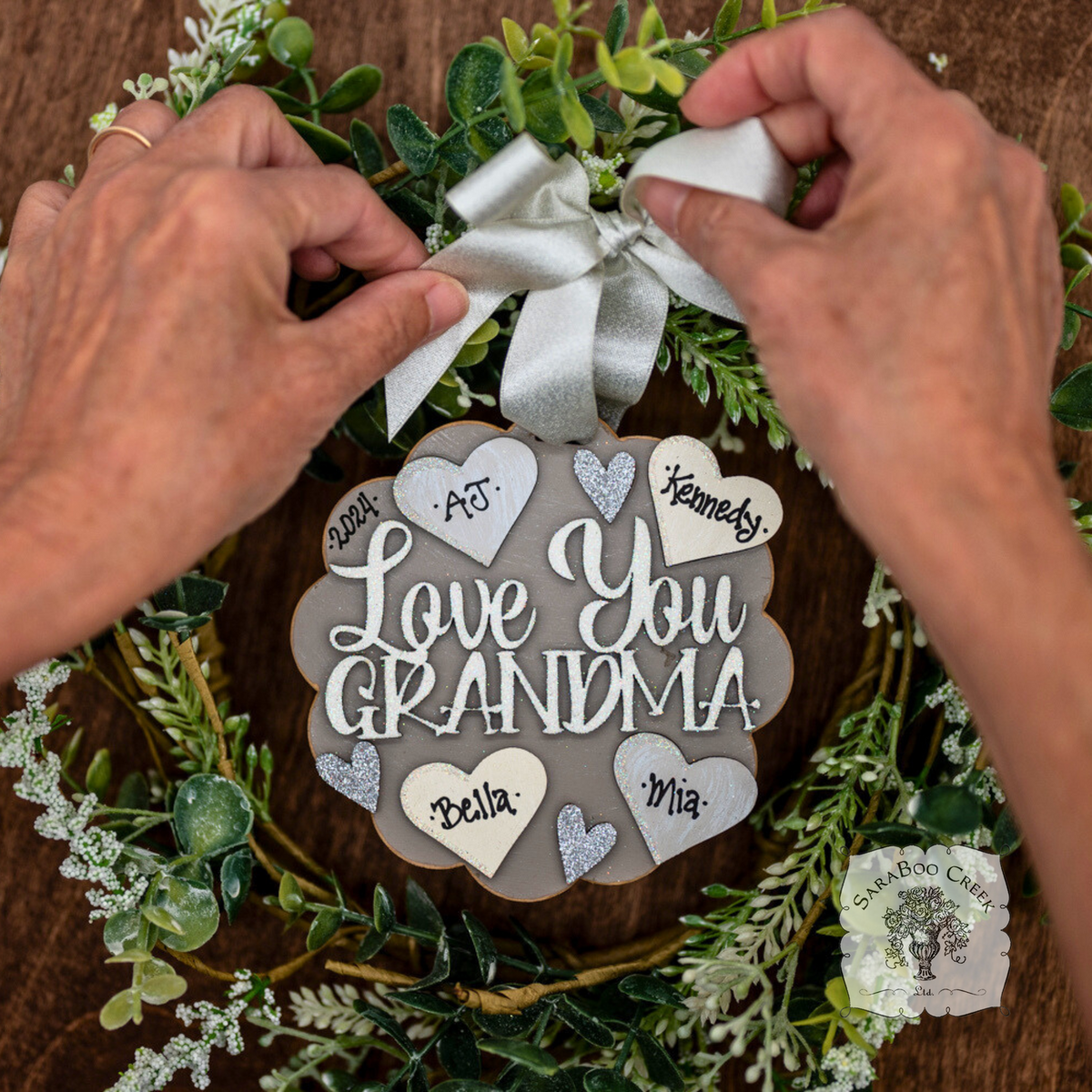 "Love You Grandma" Ornament w/ 1-6 Personalized Hearts-Great Grandma Gift from the Grandkids