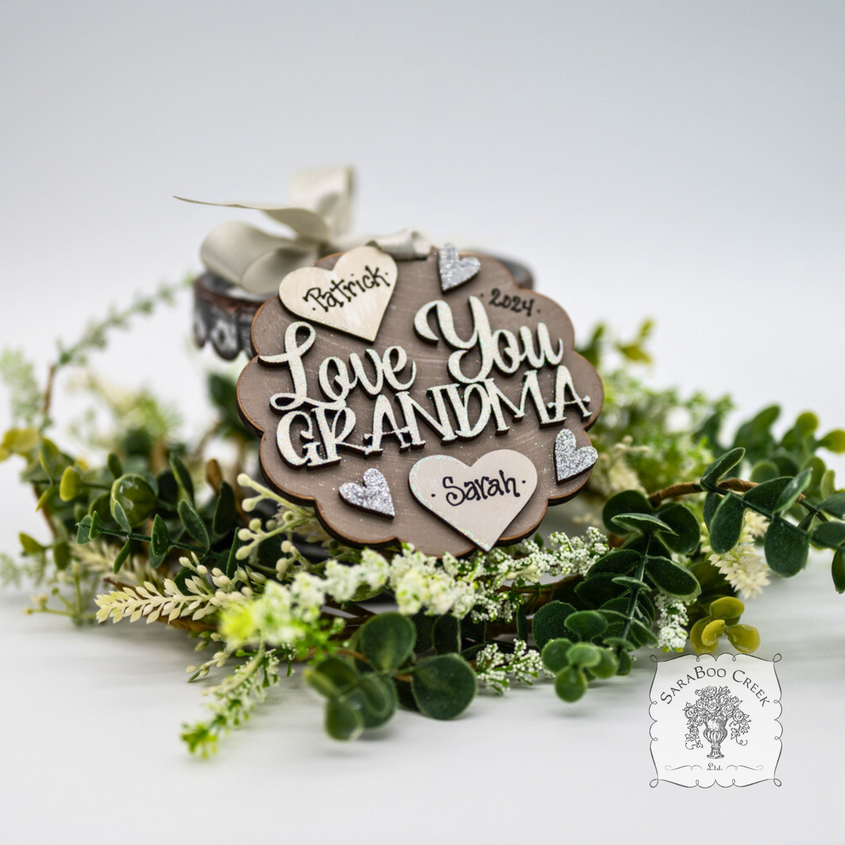 "Love You Grandma" Ornament w/ 1-6 Personalized Hearts-Great Grandma Gift from the Grandkids