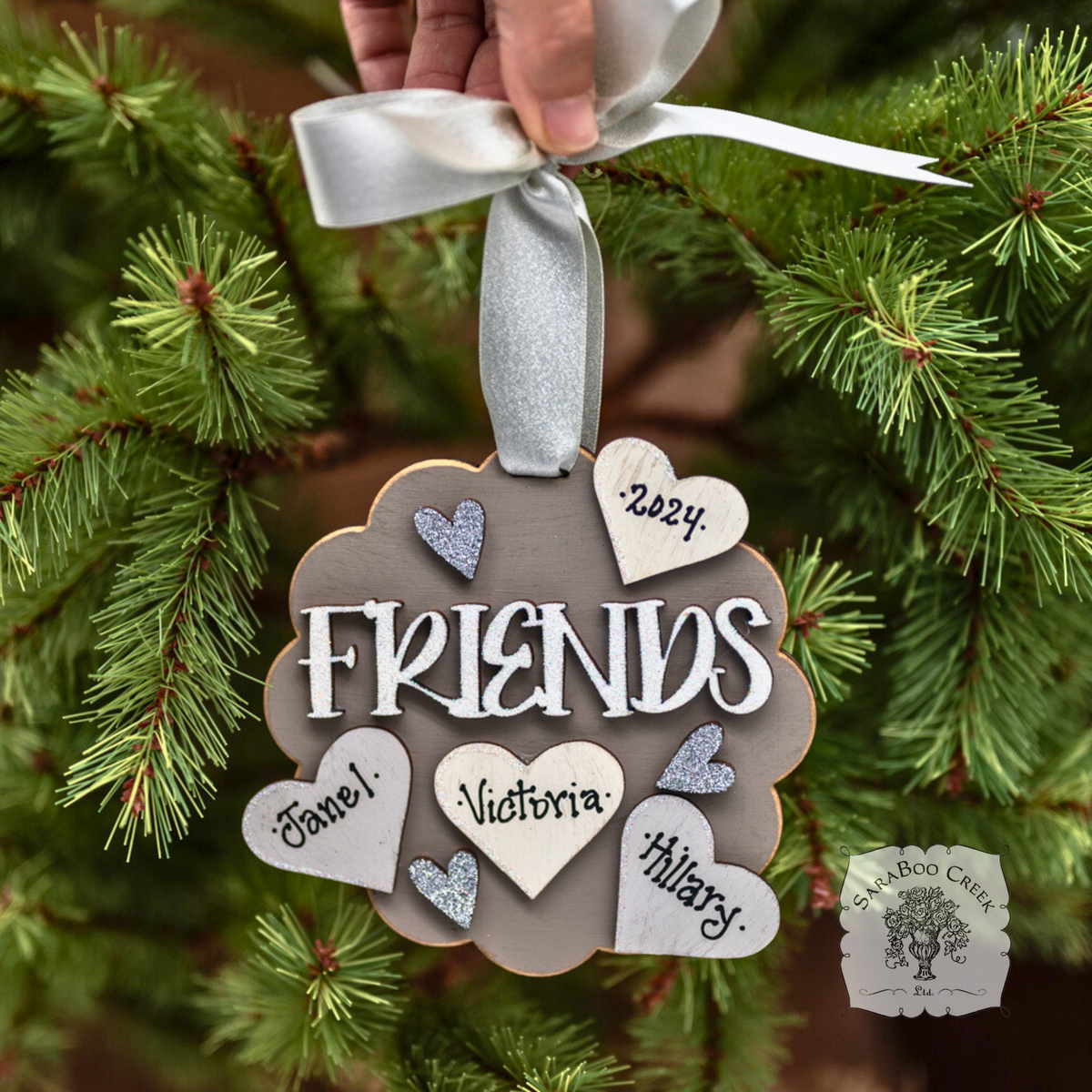 "Friends" Ornament w/ 2-5 Personalized Hearts - Great Friend Gift