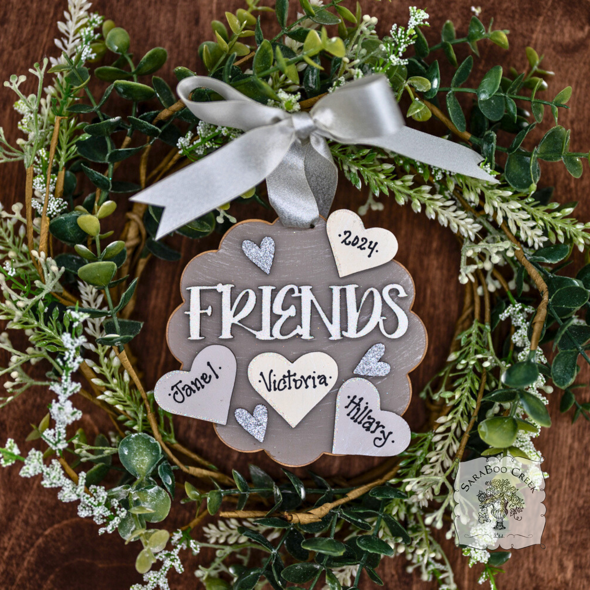 "Friends" Ornament w/ 2-5 Personalized Hearts - Great Friend Gift