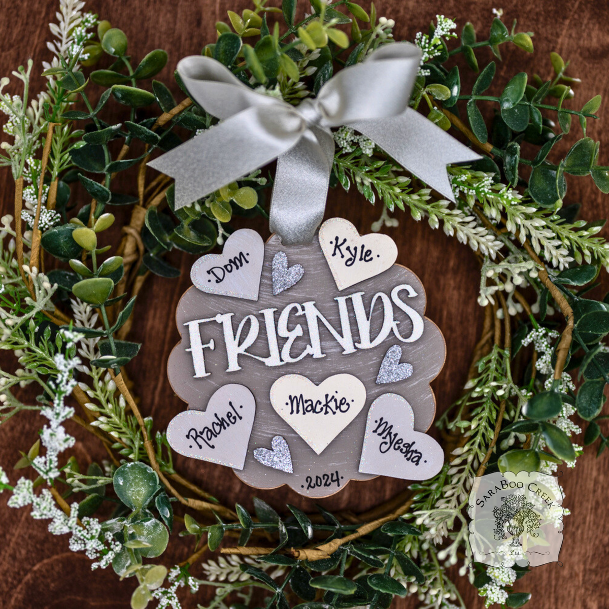 "Friends" Ornament w/ 2-5 Personalized Hearts - Great Friend Gift