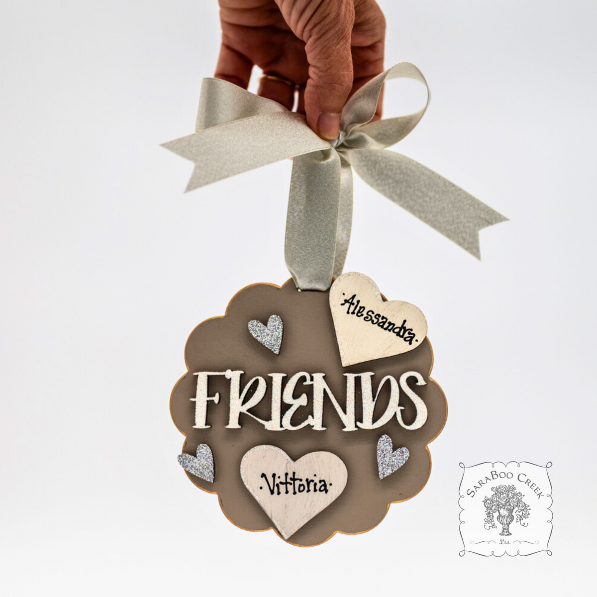 "Friends" Ornament w/ 2-5 Personalized Hearts - Great Friend Gift