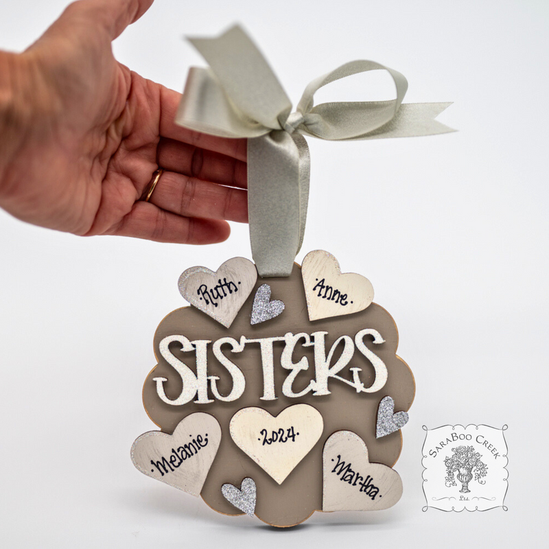 "Sisters" Ornament w/ 2-5 Personalized Hearts - Great Sister Gift