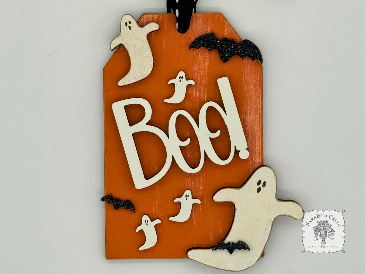 Halloween Ornament - Shipping Tag with Boo! Ghosts and Bats