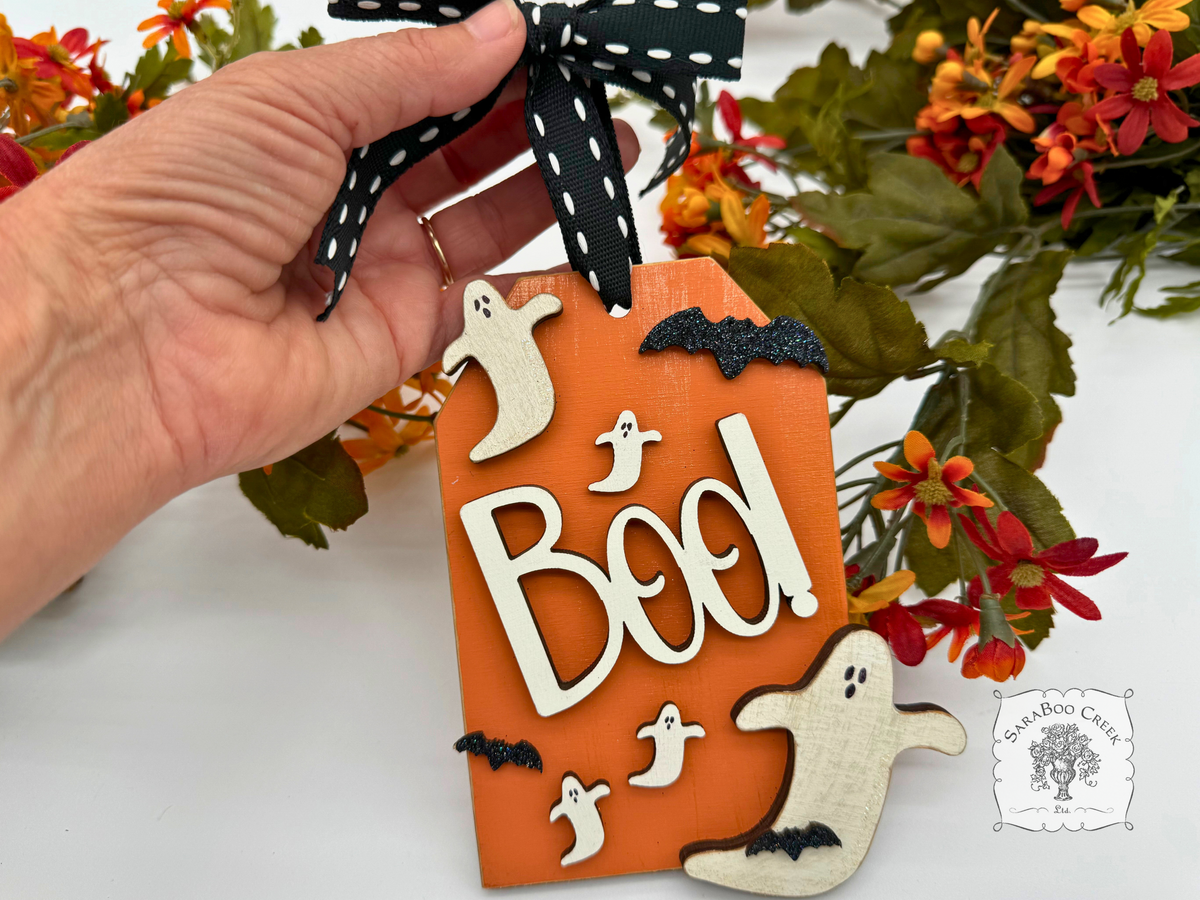 Halloween Ornament - Shipping Tag with Boo! Ghosts and Bats