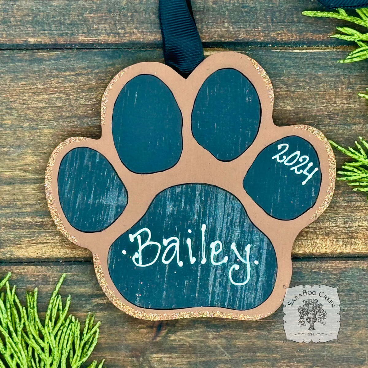 Personalized Paw Print Ornament Hung By Ribbon, Choice of Colors