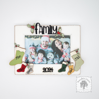 Christmas 2024 Family Photo Frame with Personalized Stockings for Parents and Kids Names - Holiday Tabletop Frame Decor