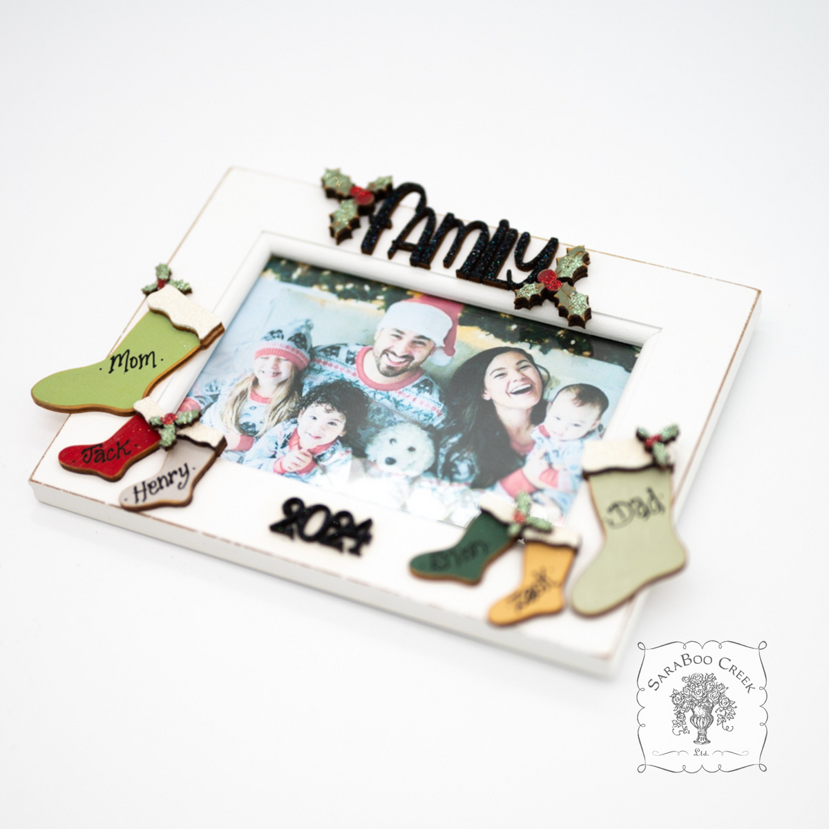 Christmas 2024 Family Photo Frame with Personalized Stockings for Parents and Kids Names - Holiday Tabletop Frame Decor