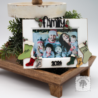 Christmas 2024 Family Photo Frame with Personalized Stockings for Parents and Kids Names - Holiday Tabletop Frame Decor