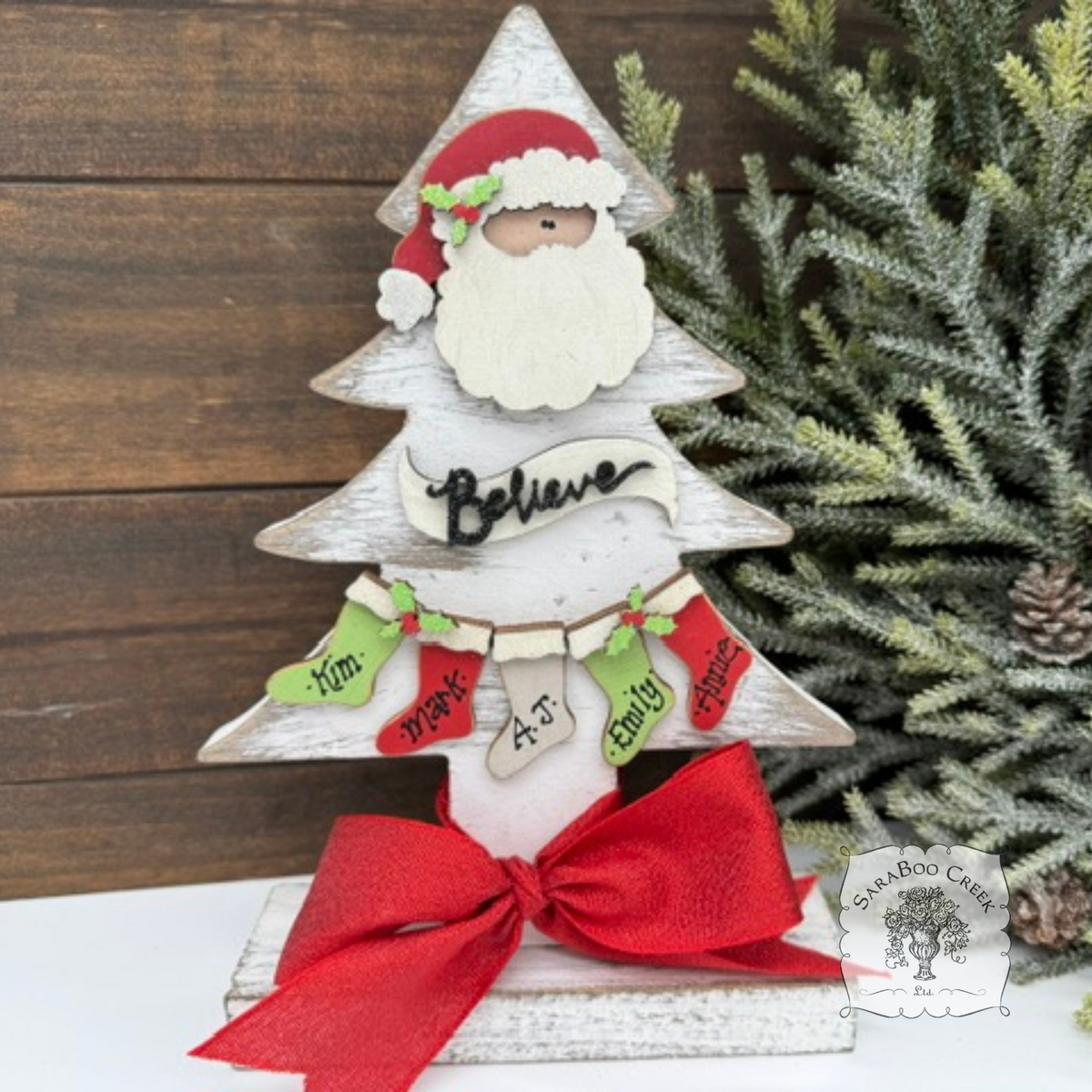 Rustic Standing Christmas Tree with Santa & Stockings - Personalized Family Gift or Holiday Mantel Decoration