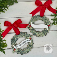 Personalized Christmas Wreath Ornament w/ Holly - Handmade of Wood and Hung with Red Ribbon