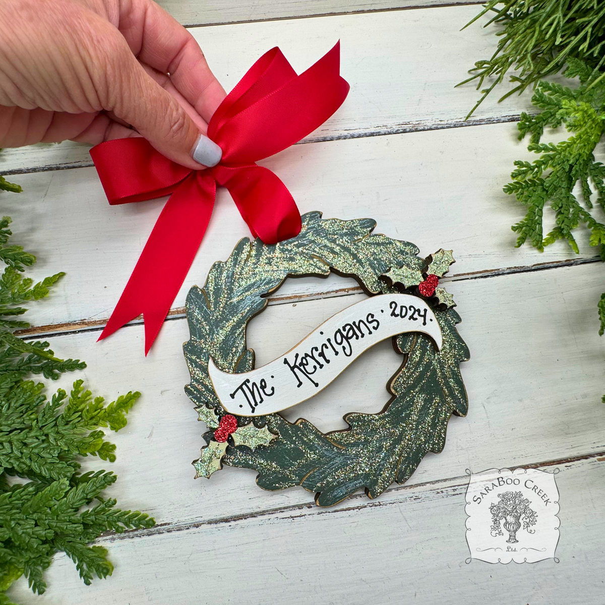 Personalized Christmas Wreath Ornament w/ Holly - Handmade of Wood and Hung with Red Ribbon