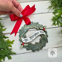 Personalized Christmas Wreath Ornament w/ Holly - Handmade of Wood and Hung with Red Ribbon