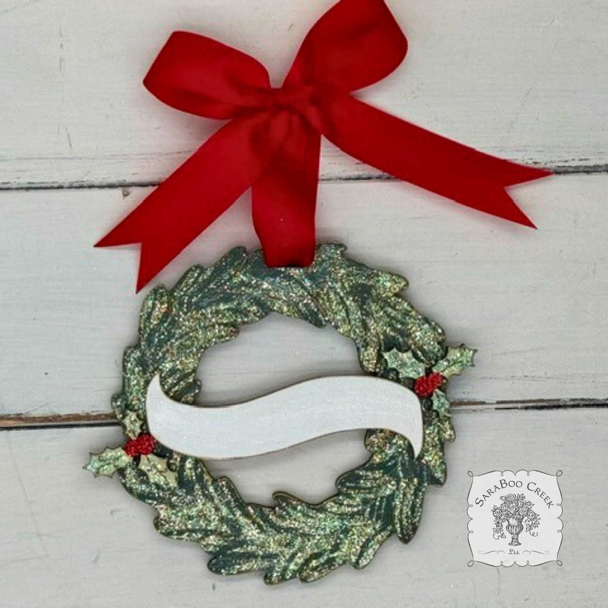 Personalized Christmas Wreath Ornament w/ Holly - Handmade of Wood and Hung with Red Ribbon