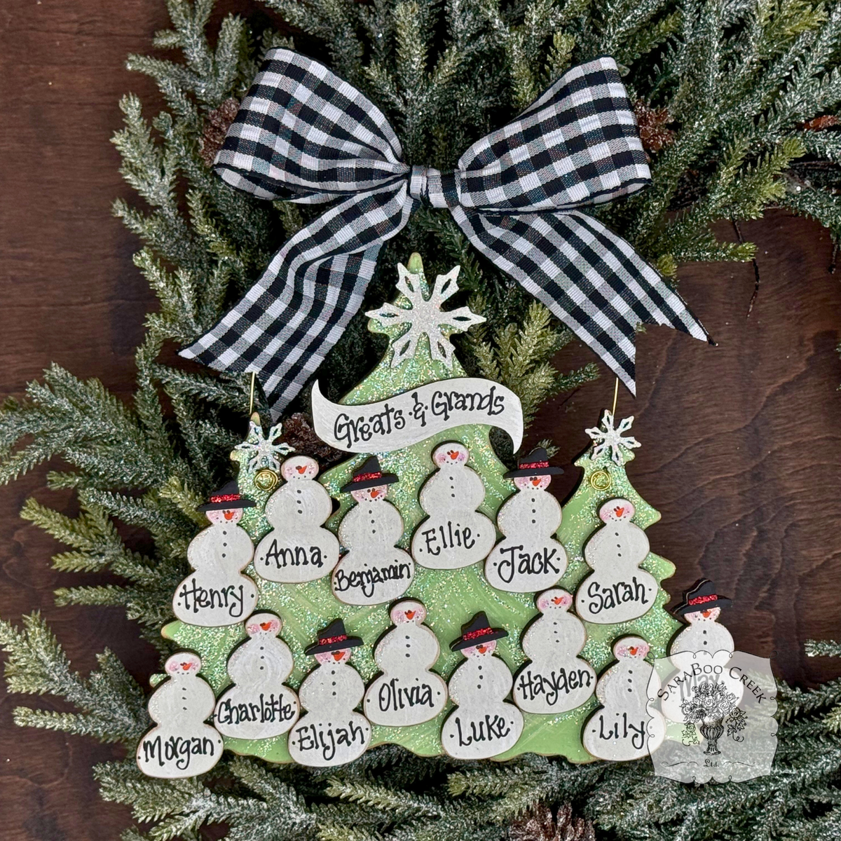 Traditional Snowman Family Tree Ornament (8-14 snowmen) - Personalized Grandparent or Large Family Ornament