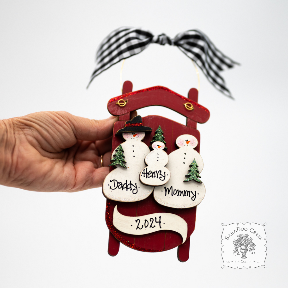 Sled Snowman Family Ornament w/ 2-6 Personalized Snowmen - Family, Grandparent or Couple Gift