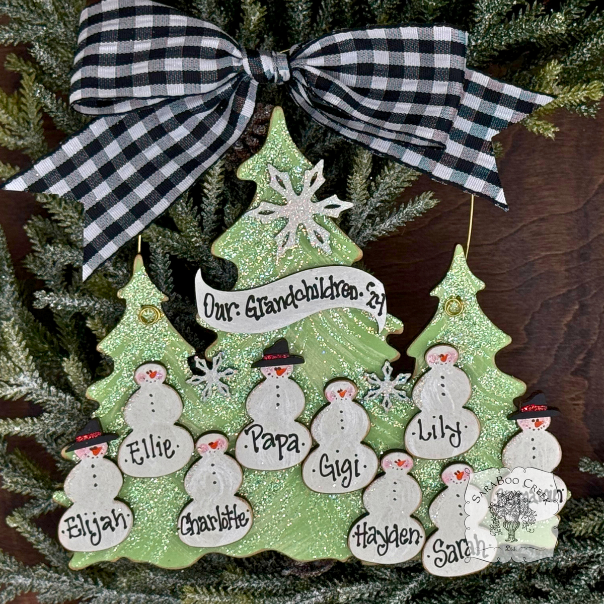 Traditional Snowman Family Tree Ornament (8-14 snowmen) - Personalized Grandparent or Large Family Ornament