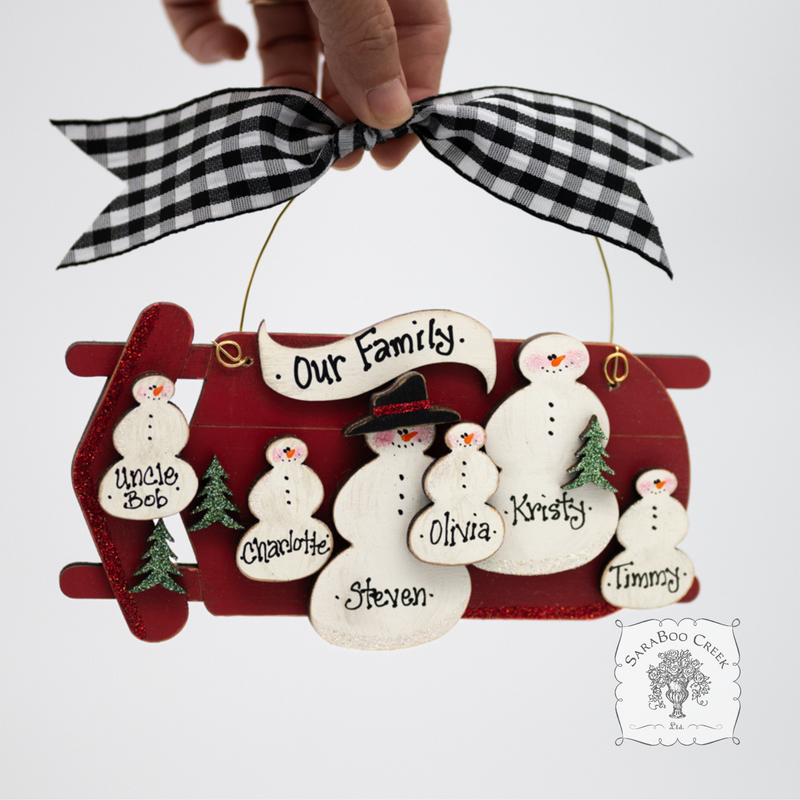 Sled Snowman Family Ornament w/ 2-6 Personalized Snowmen - Family, Grandparent or Couple Gift