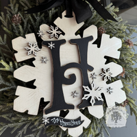 12" Snowflake Wall Decor with Initial & Personalization - Cute Winter Front Door Hanger