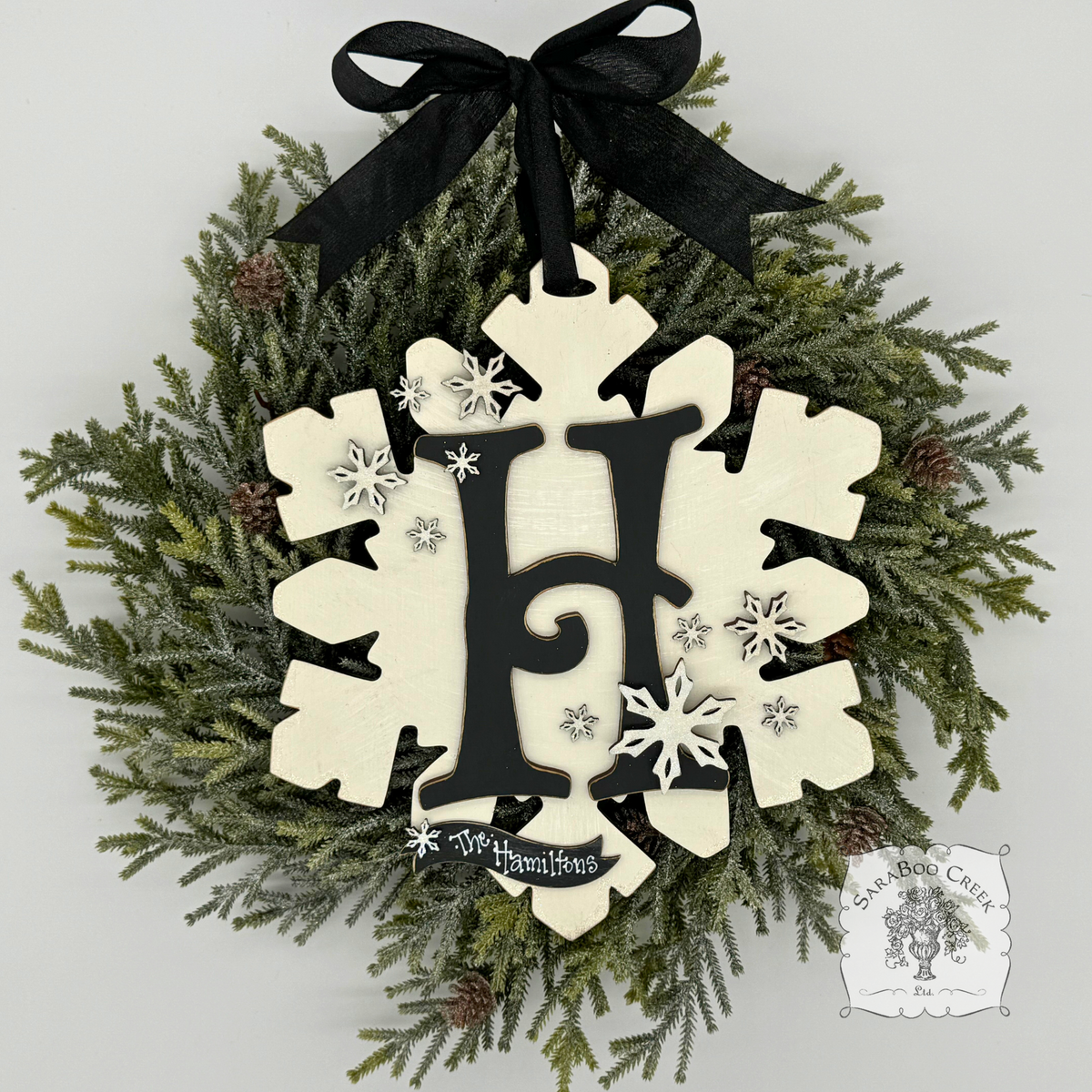 12" Snowflake Wall Decor with Initial & Personalization - Cute Winter Front Door Hanger