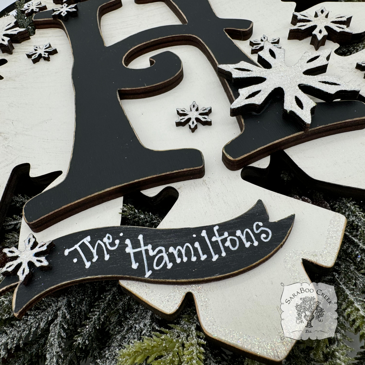 12" Snowflake Wall Decor with Initial & Personalization - Cute Winter Front Door Hanger