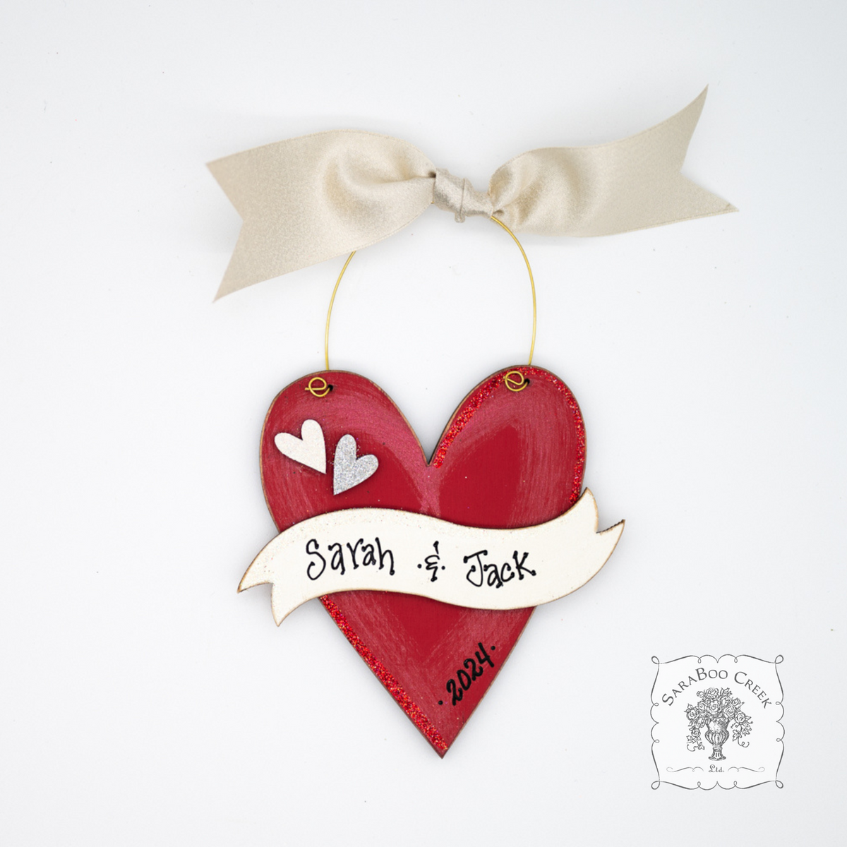 Red Heart Ornament with Personalized Banner for Couple's Names - 1st Christmas, Valentine or Wedding Gift