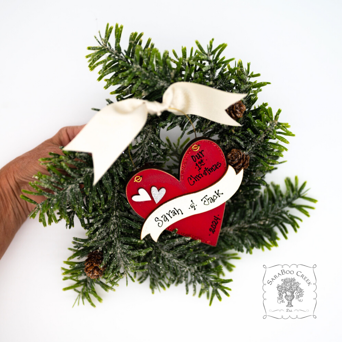 Red Heart Ornament with Personalized Banner for Couple's Names - 1st Christmas, Valentine or Wedding Gift