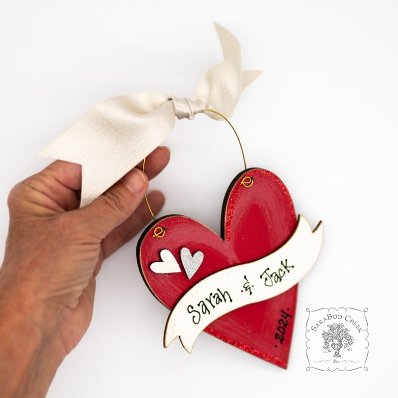 Red Heart Ornament with Personalized Banner for Couple's Names - 1st Christmas, Valentine or Wedding Gift