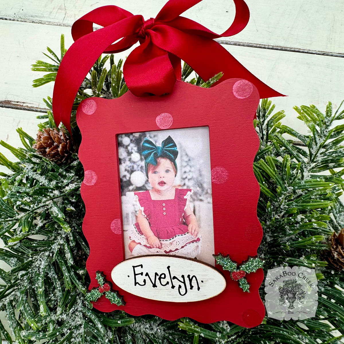 Christmas Photo Ornament - Personalized Handmade Wood Frame, Fits Any Wallet Size Picture