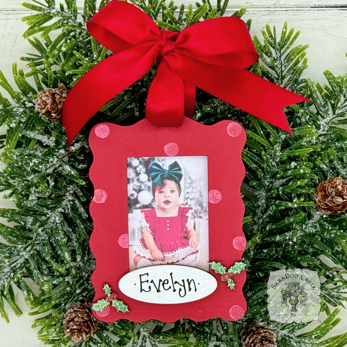 Christmas Photo Ornament - Personalized Handmade Wood Frame, Fits Any Wallet Size Picture