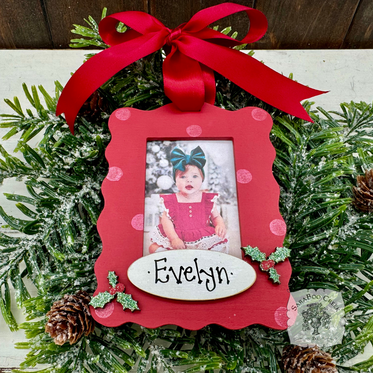 Christmas Photo Ornament - Personalized Handmade Wood Frame, Fits Any Wallet Size Picture