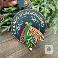 Chicago Blackhawks Logo Ornament - Personalized Hawks Puck w/ Feathers